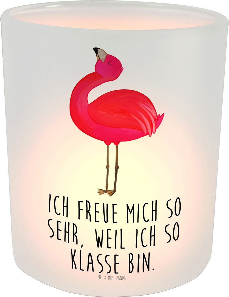 Mr. & Mrs. Panda Kerzenhalter Glas Flamingo Stolz - Transparent - Geschenk, Selbstliebe, Tochter, Windlicht, Teelichthalter, Balkon, Freundin