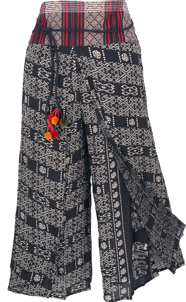 Palazzohose, Offene Boho Sommerhose, Hosenrock mit Kordelband - Schwarz/weiß/Ikat, Damen, Viskose, Hosen