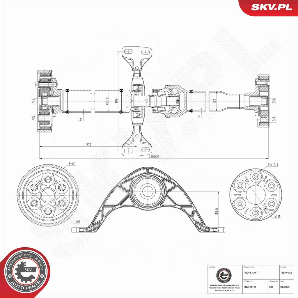 ESEN SKV Kardanwelle Gelenkwelle Achsantrieb für VW TIGUAN (5N) Hinten 76SKV112