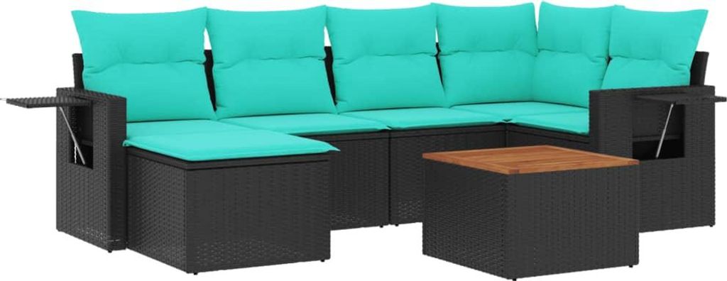 7-teiliges Gartensofa-Set mit Kissen, schwarzes Polyrattan