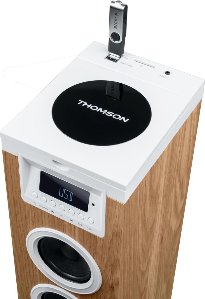 Enceinte colonne THOMSON - Bluetooth/CD/USB/SD - Blanc/Bois Image du produit 