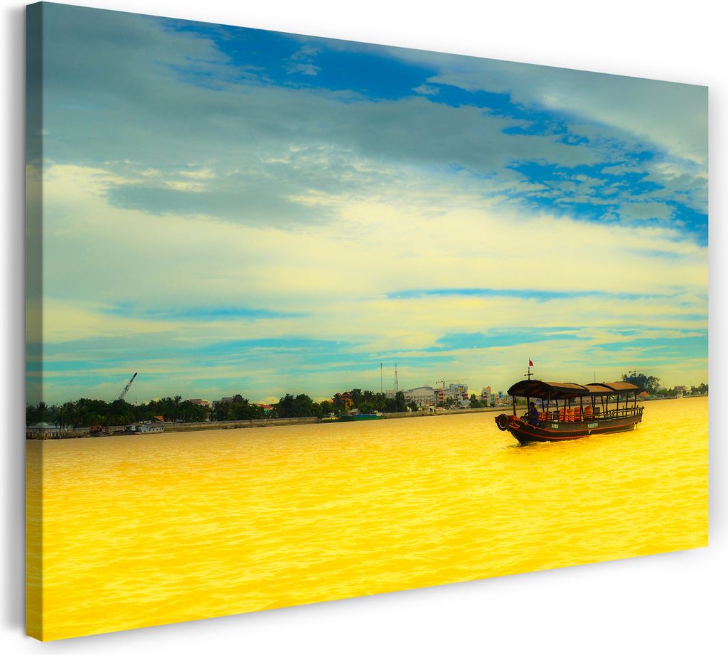 Leinwandbild (60x40cm): Landschaftsbilder Boot auf Fluss mit gelb schimmerndem Wasser, echter Holz-Keilrahmen inkl. Aufhänger, handgefertigt in De...
