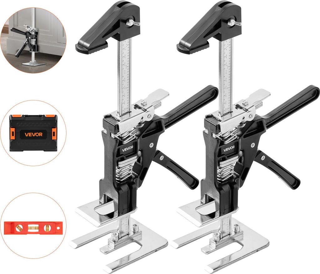 A collage of product images showing two lifting tools, a storage case, and a level.