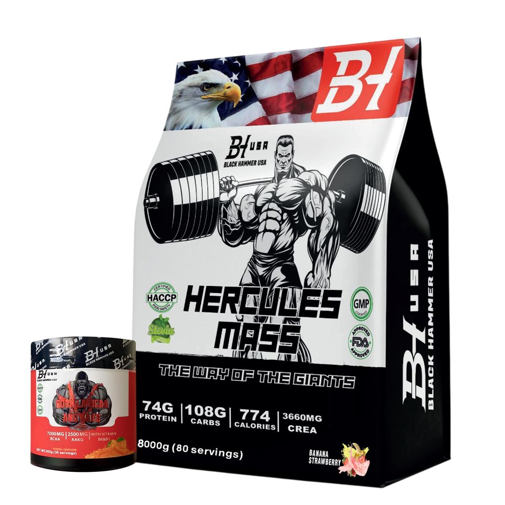 Hercules Mass Gainer 8kg Banane Erdbeere + Gratis BCAA | Nahrungsergänzung mit Protein, Kohlenhydraten und Kreatin
