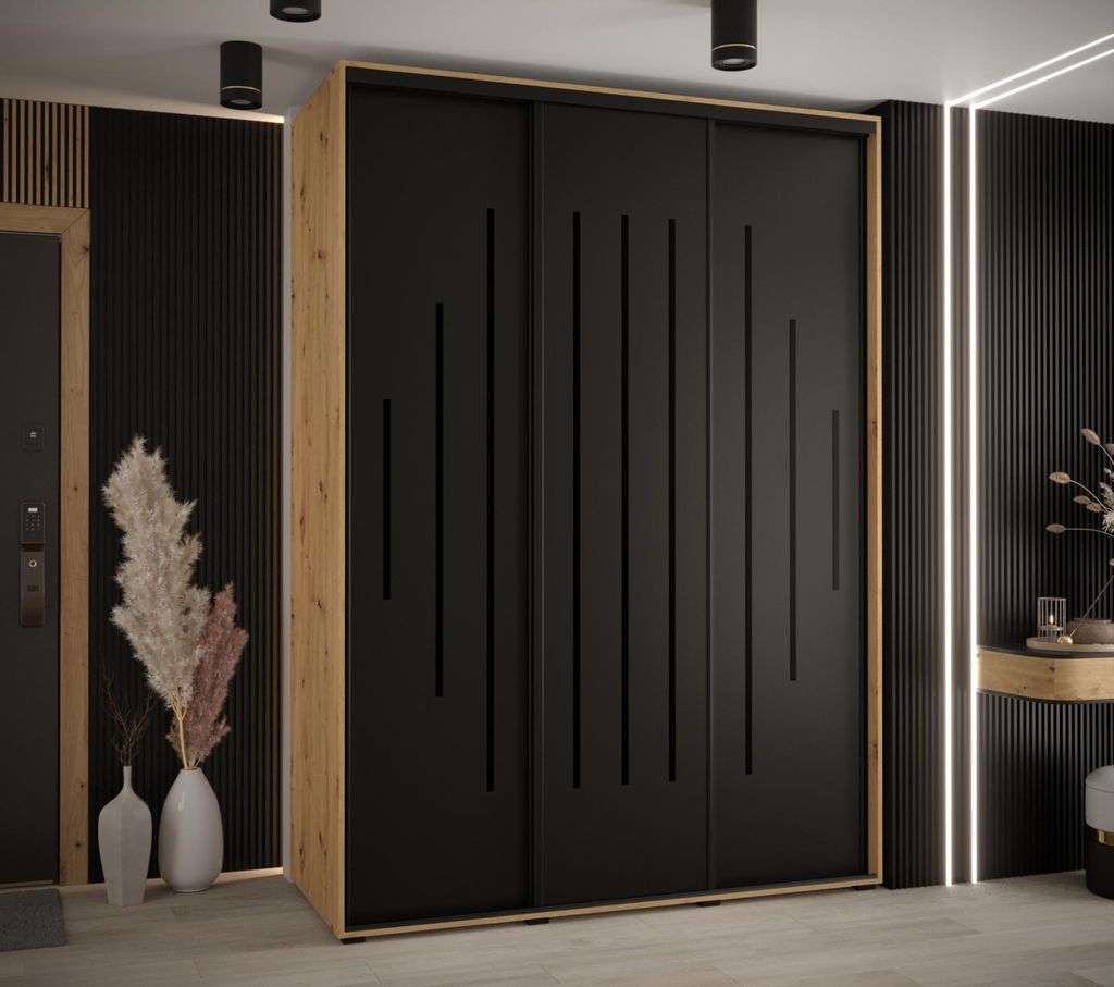 Kleiderschrank YVONA 12 - 170/60 cm, Eiche handwerklich / schwarz / schwarz