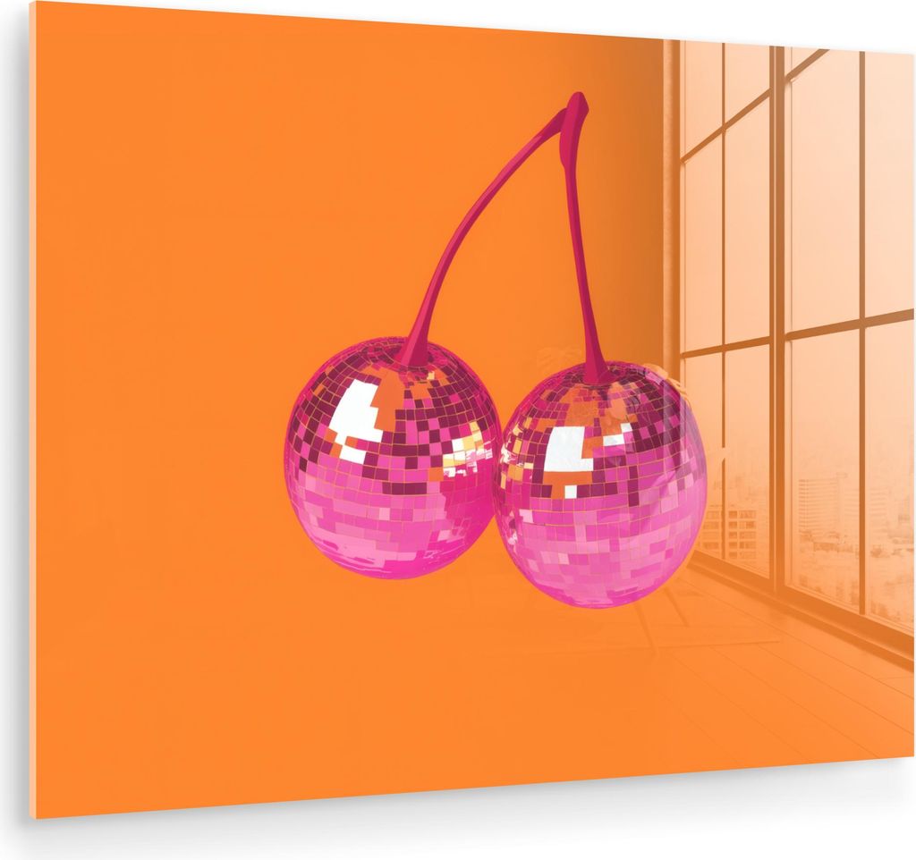MuchoWow Glasbilder - Bilder auf Wandbild - Foto auf Glas Discokugeln - Kirsche - Spiegel - Rosa 40x30 cm Wanddekoration aus Glas - Acrylglasbild -...