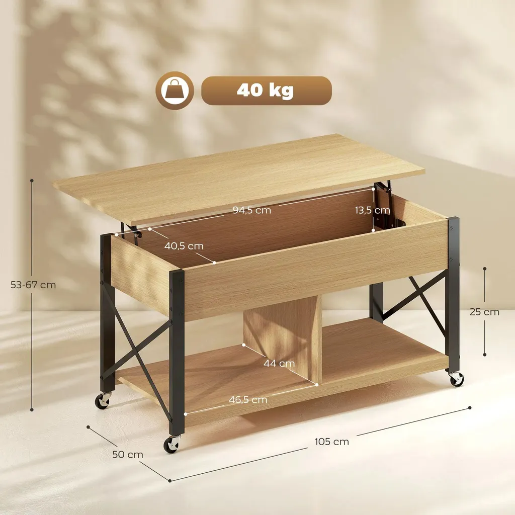 Table basse relevable bois et blanc 105x50x67 cm avec compartiment caché - 3