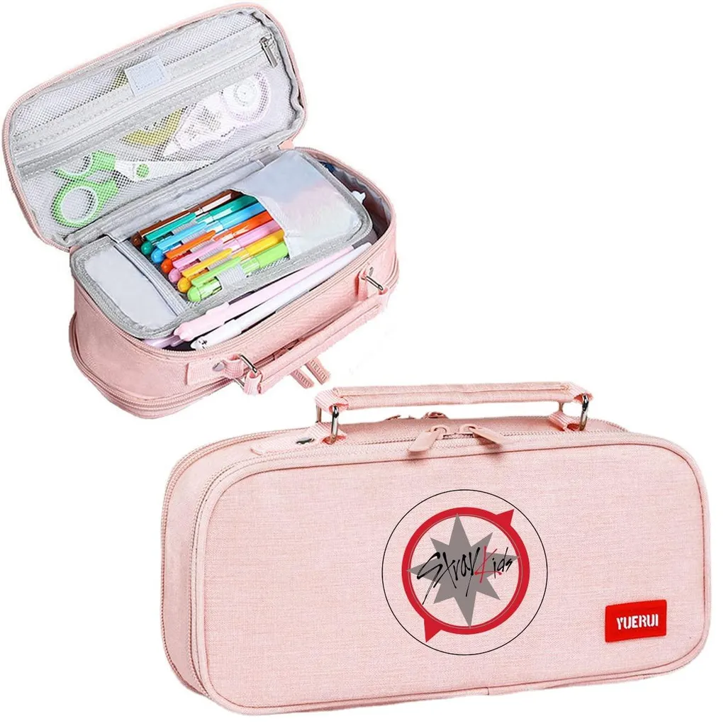Grande trousse scolaire Stray Kids rose en toile pour fournitures