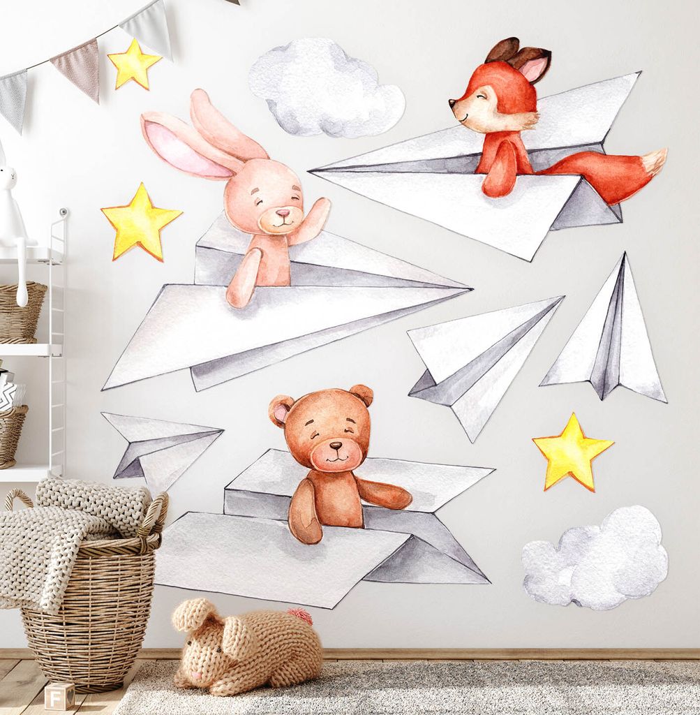 Niedliche Tiere– Wandgestaltung – Wandbilder Kinder – Motivtapeten Set – Wanddekor Kinderzimmer – Selbstklebende Wandsticker – 60x102 cm