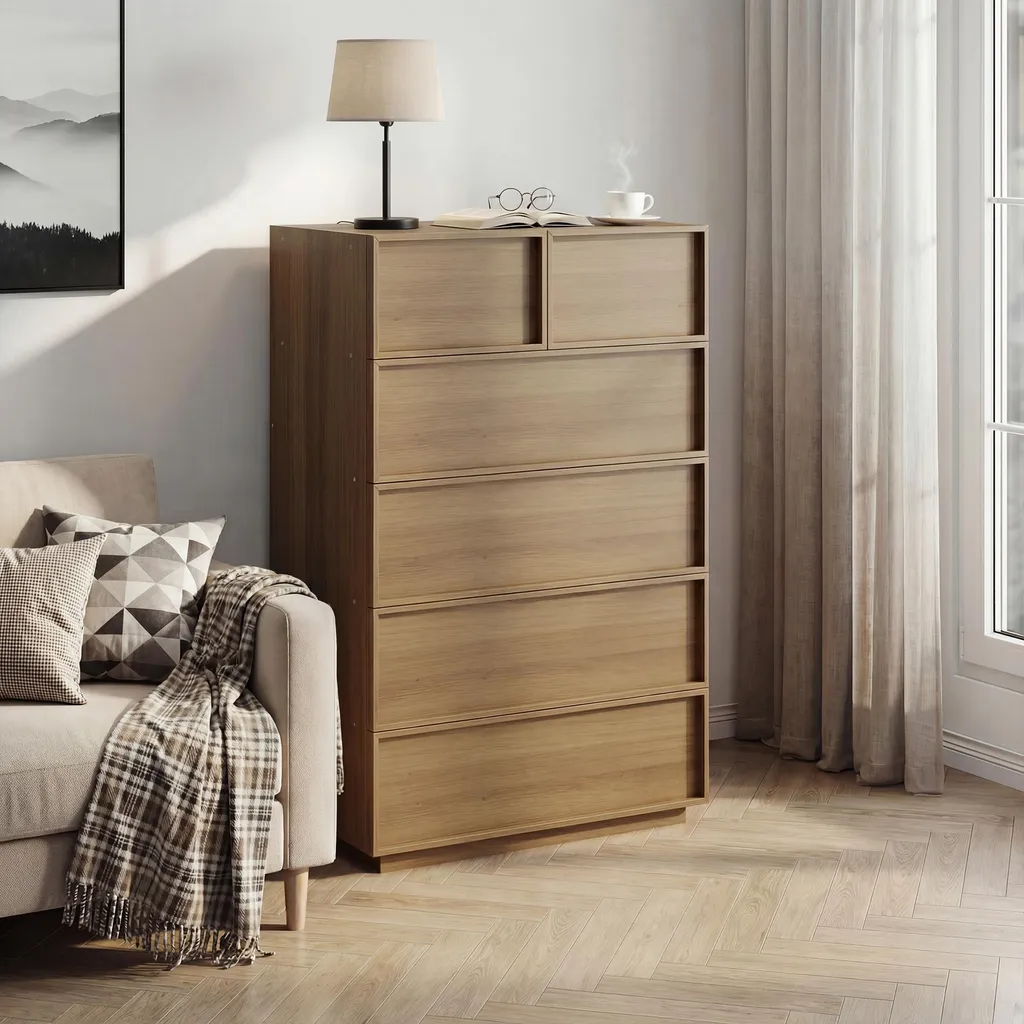 Commode 6 tiroirs 80x127 cm chêne MDF Série Odense pour chambre