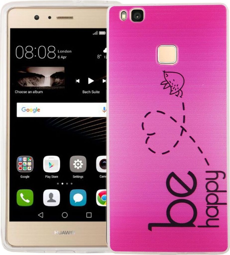 Handy Hülle für Huawei P9 Lite Cover Case Schutz Tasche Motiv Slim Silikon TPU Be Happy Pink