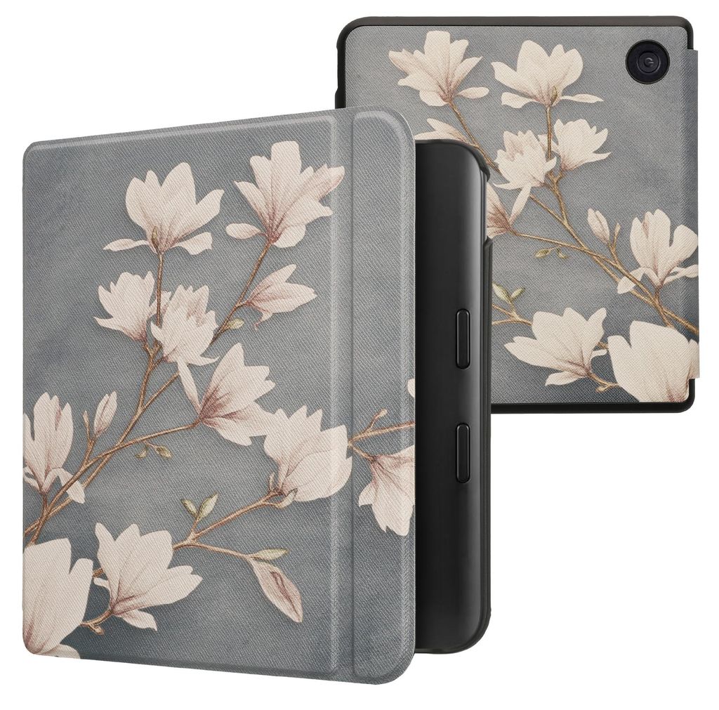 kwmobile Schutzhülle für Kobo Kobo Libra Colour / Tolino Vision Color Hülle - eReader Flip Case mit Auto Sleep Funktion - Magnolien mit Taupe Weiß
