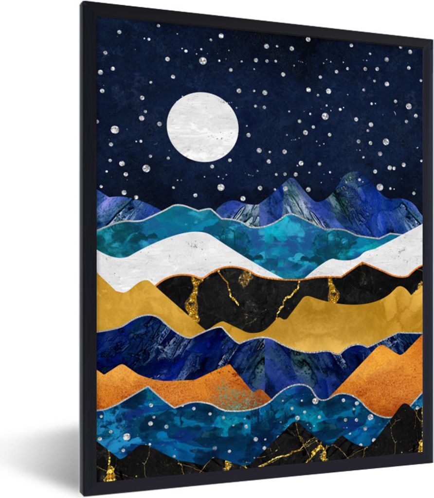 MuchoWow Gerahmtes Poster Nacht - Gold - Marmor - Abstrakt - Landschaft - Berg 60x80 cm - Poster mit Schwarzem Bilderrahmen Wandposter Rahmen Fot...