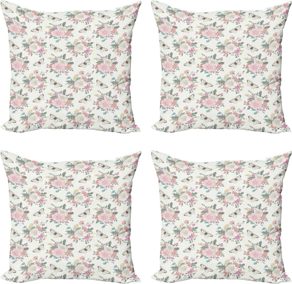 ABAKUHAUS Shabby Flora Kissenbezug Set (4 Stück), Roses Bouquet, Moderner Doppelseitiger Digitaldruck, 40 cm x 40 cm, Pale Pink Grün
