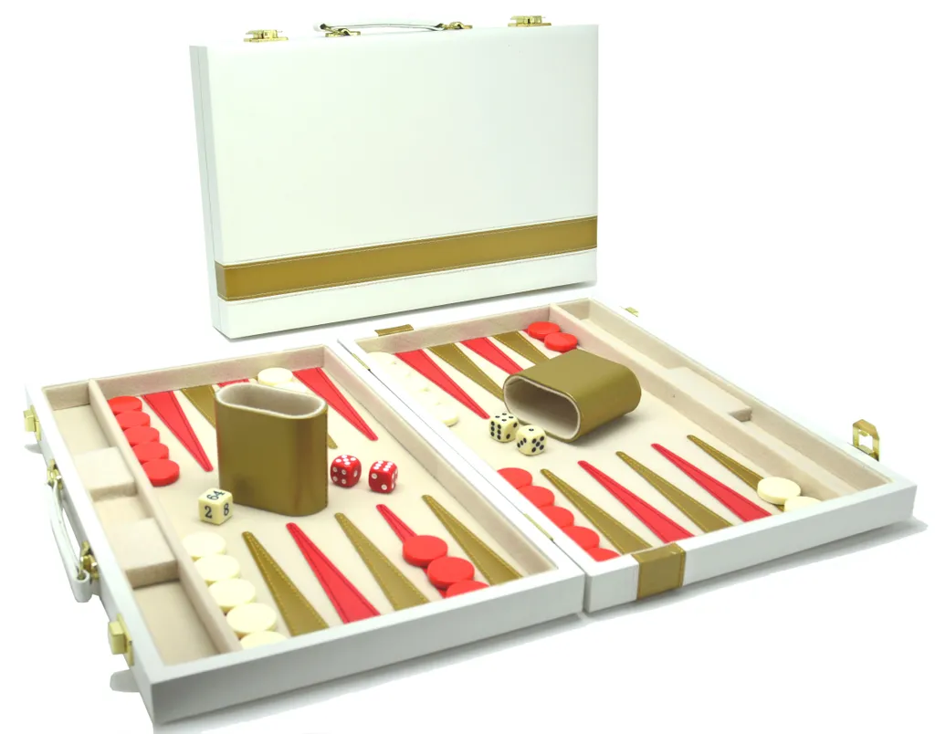 Petit Backgammon Portable 38 cm Blanc et Or - Coffret de Jeu Durable