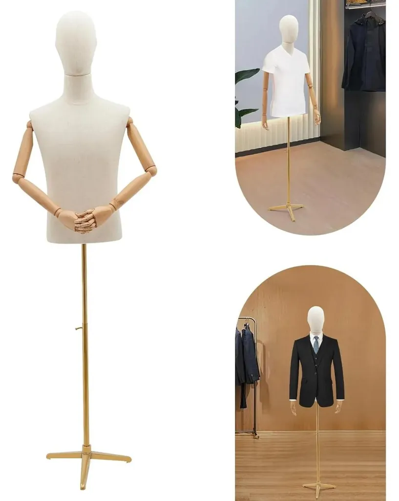 Mannequin homme couture doré et bras en bois ajustable pour modéliste