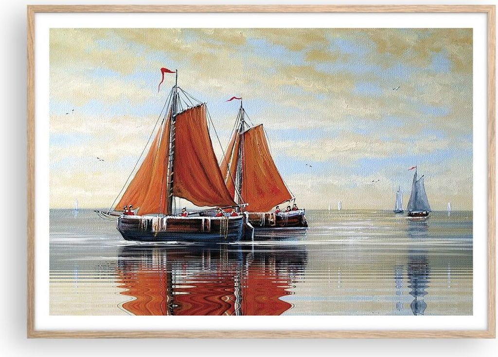 Gerahmtes Poster - Rahmen in heller Eiche - Segelschiffe Öl Orange - 100x70 cm - Wand Bild - Wanddeko - Wandbilder - Kunstposter - Wandposter - Bi...