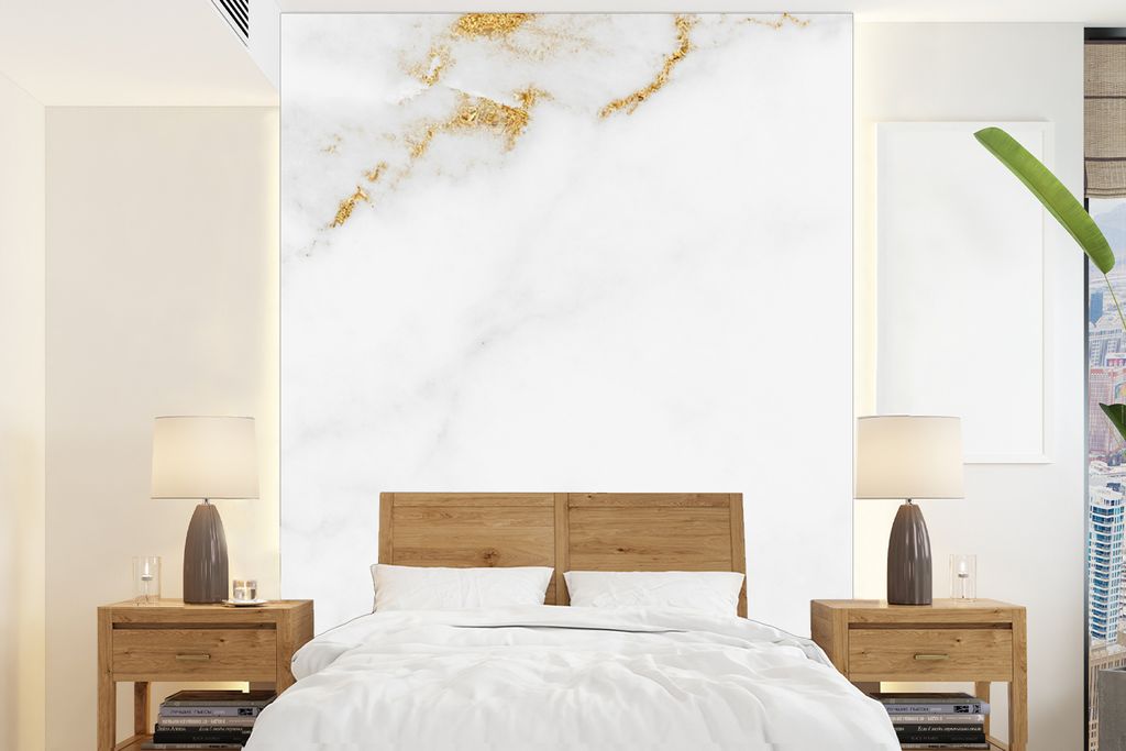 MuchoWow Fototapete für Wohnzimmer oder Schlafzimmer Wandtapete Vinyl Motivtapete Marmor - Gold - Weiß - Luxus - 190x260 cm - Papiertapete