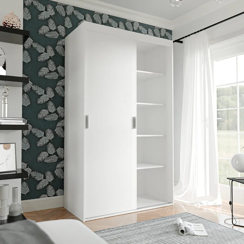 Armoire 2 portes coulissantes 120 cm PEDRI blanc mat, penderie et lingère