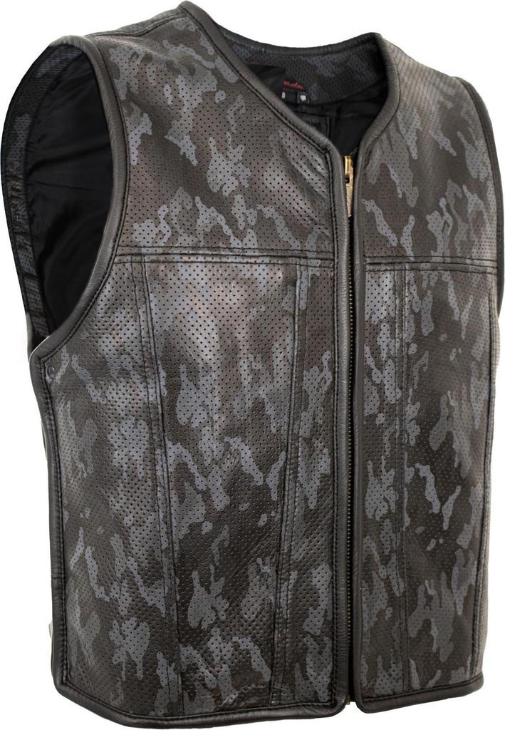 Herren Lederweste Biker Kutte Motorradweste Camouflage Schwarz Grau perforiert(S)