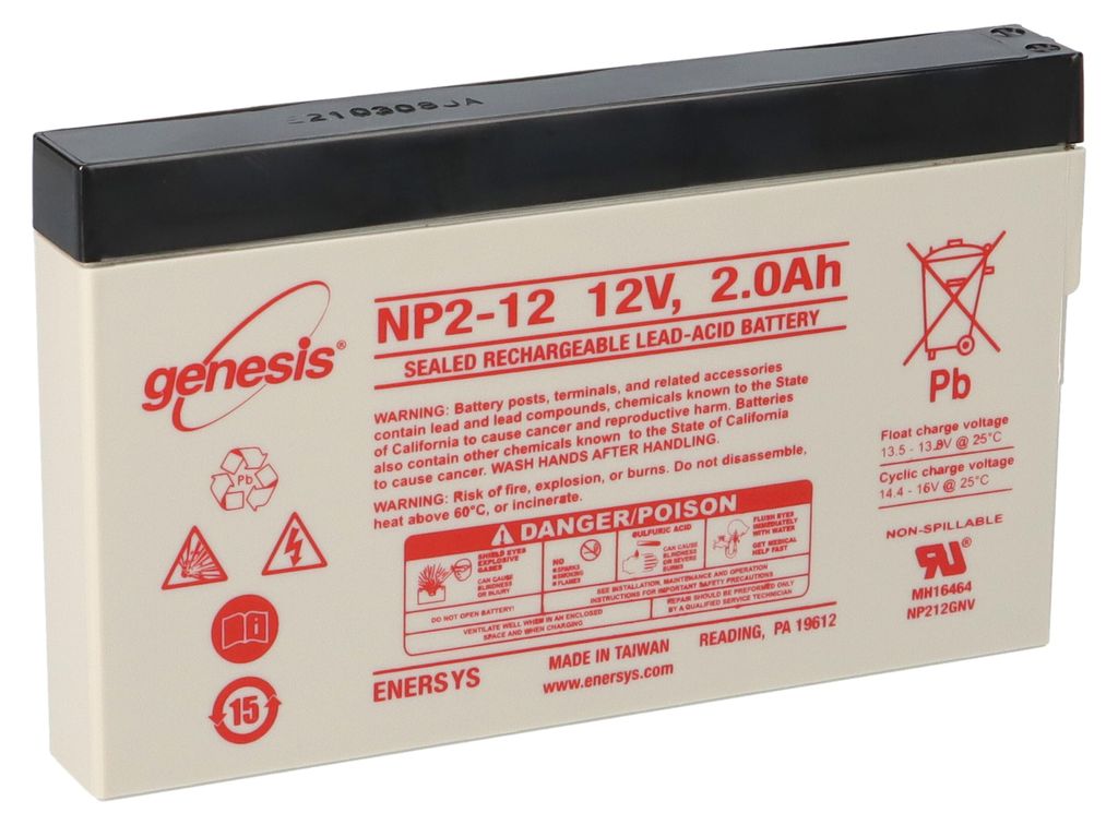 A close-up studio shot of a sealed rechargeable lead-acid battery.
