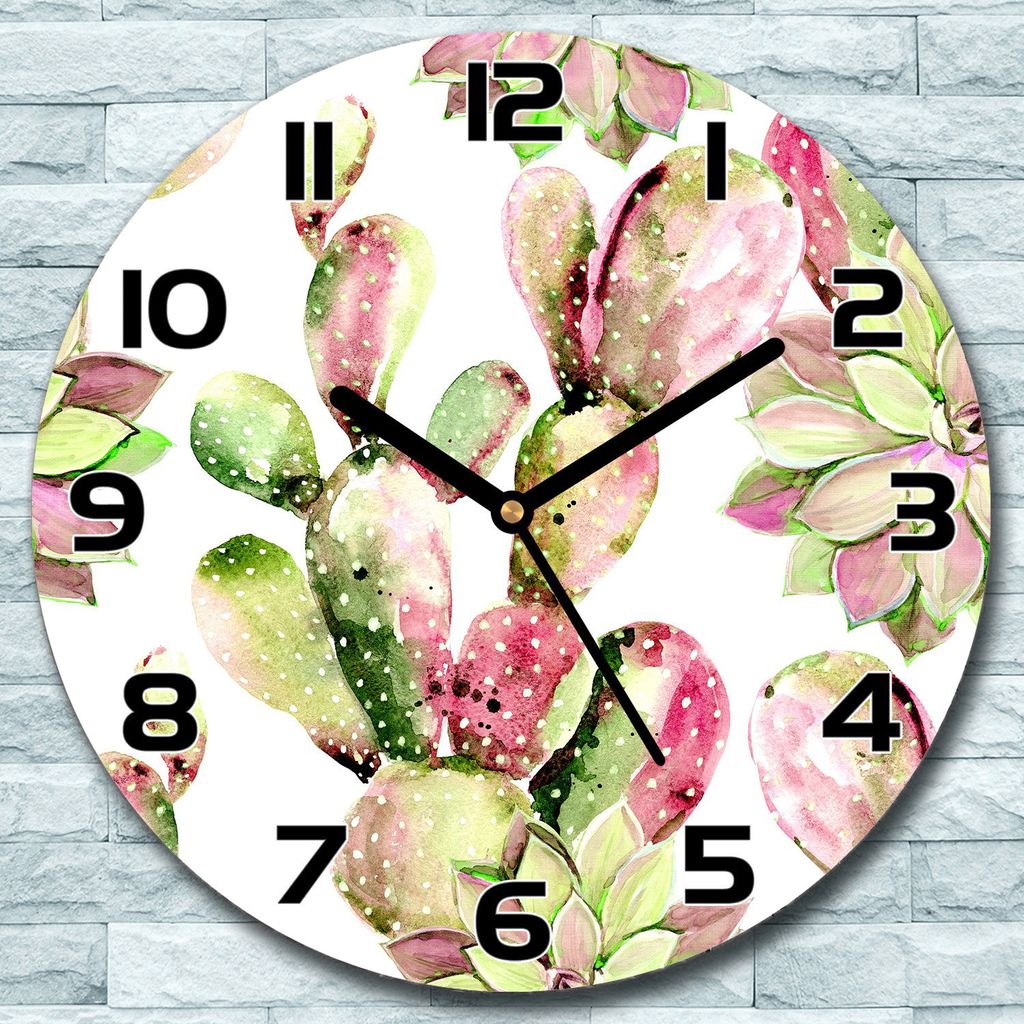 Wanduhr aus Glas Rund fi 30 Aquarell Kakteen Quarz Deko Produktbild 