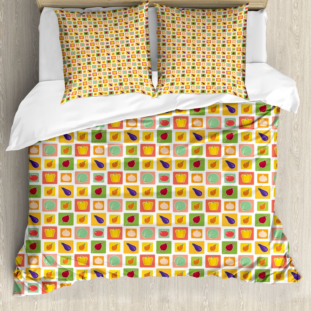 ABAKUHAUS Gemüse Bettbezug Set für Einzelbetten, Lebensmittel in Vivid Squares, Milbensicher Allergiker geeignet mit Kissenbezug, 155 cm x 220 cm...