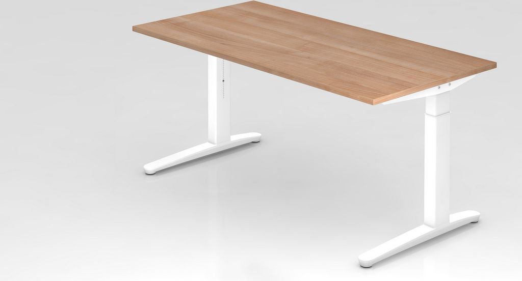 Schreibtisch Mika | Nussbaum | Weißes Gestell | BxT 160x80cm | Arbeitshöhe 65-85cm | höhenjustierbar, 1cm Raster | C-Fuß-Gestell | Rechteckform