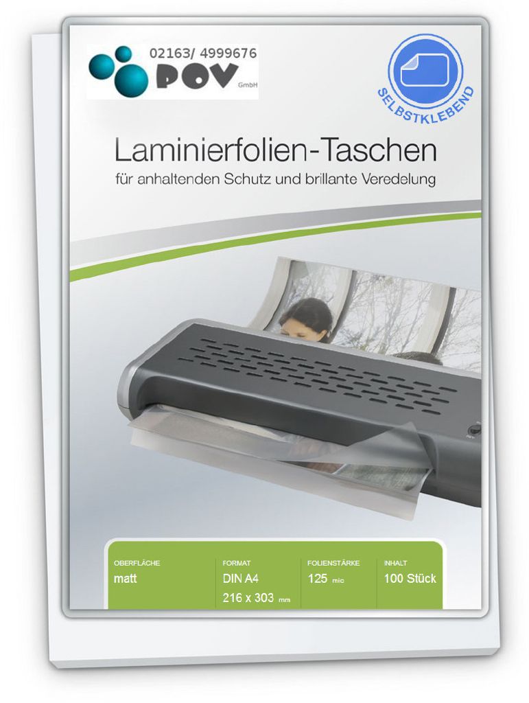 Laminierfolien A4 (216 x 303 mm), 2 x 125 mic, matt, mit selbstkl. Rückseite