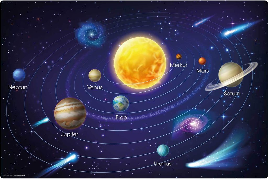 Schreibtischunterlage für Kinder - abwaschbar – Weltall Planeten Sonnensystem - aus premium Vinyl - 60 x 40 cm - Germany - Jungs & Mädchen