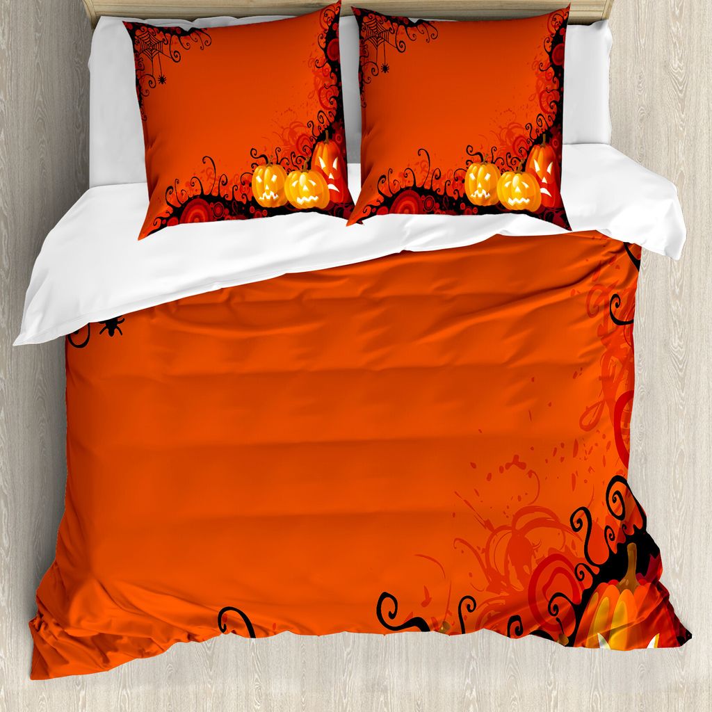ABAKUHAUS Spinnennetz Bettbezug, Halloween Kürbisse, Milbensicher Allergiker geeignet mit Kissenbezügen, 155 cm x 220 cm - 80 x 80 cm, Orange Mar...