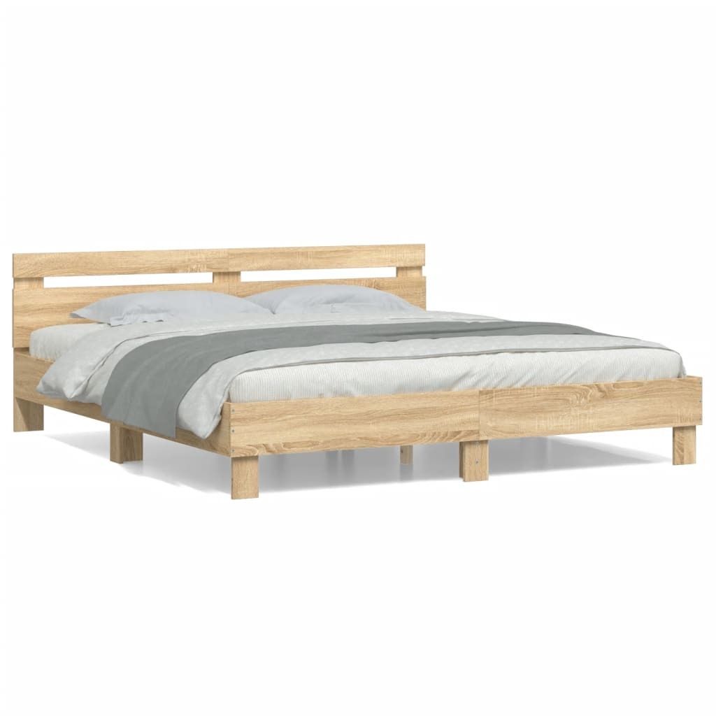 A wooden bed frame with a headboard and mattress, shown from a side angle against a white background.