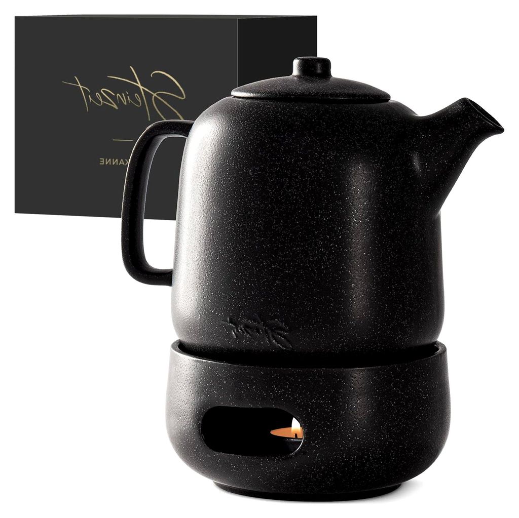 Teekanne mit Stövchen (1,3L) – Siebeinsatz aus rostfreiem 304 Edelstahl – Keramik mit einzigartiger Glasur, schwarz