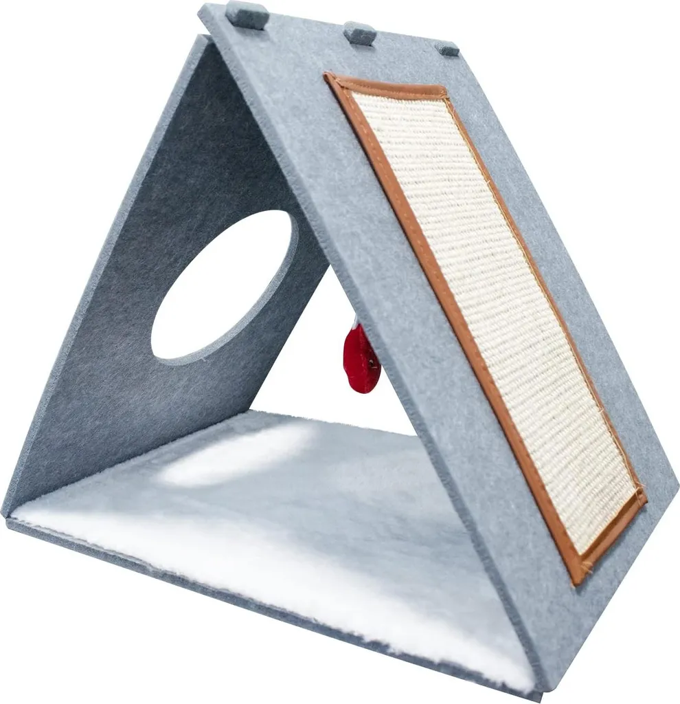 Chaise longue triangulaire en feutre gris avec planche à chats et jouets