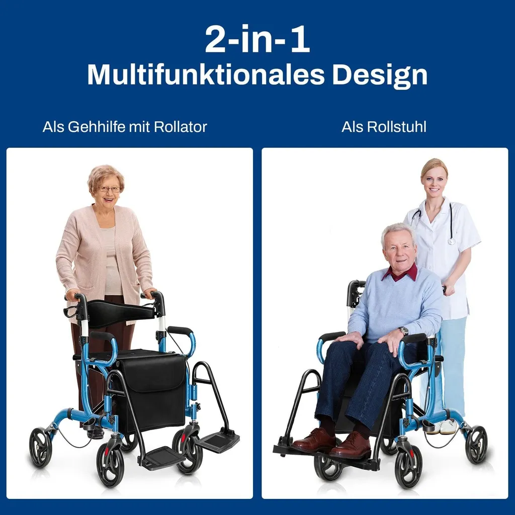 Déambulateur de promenade pliable avec siège et panier, modèle bleu - 3