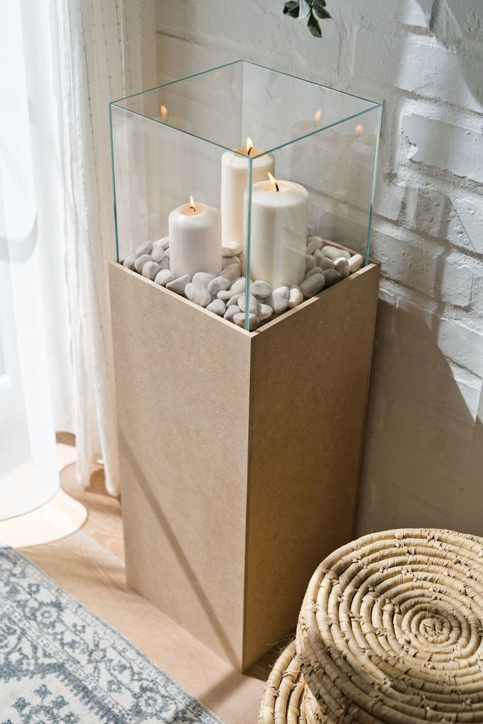Windlicht-Säule Kerzenständer Deko-Laterne Deko-Säule für Wohnzimmer, Balkon, Terrase Kerzensäule Bodenwindlicht aus MDF & Glas MDF Braun 80 c...