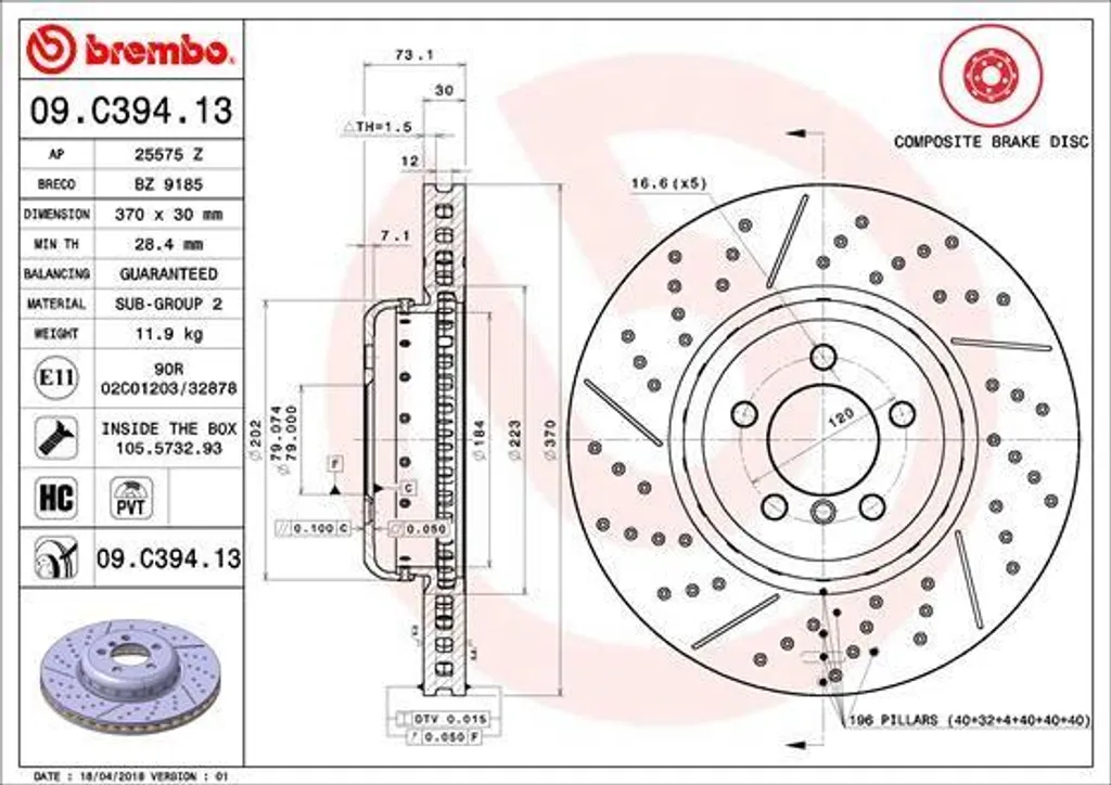 Remplacer Disque de Frein BMW F30 F31 F32 F33 : Brembo 09.C394.13 d'Origine