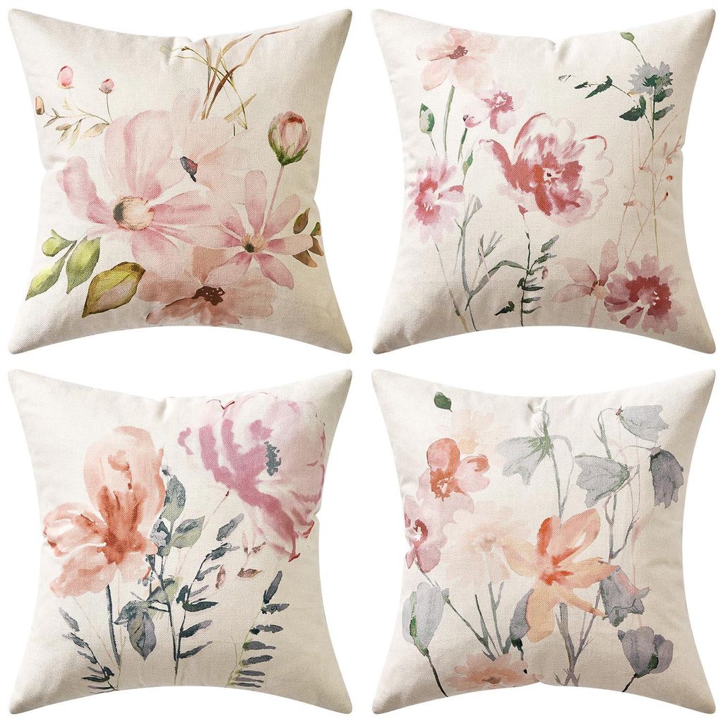 Set mit 4 wasserdichten Outdoor-Kissenbezügen, bedruckte Outdoor-Kissen, dekorative Kissen für Balkon, Garten, Terrasse, Blumenmotiv, 45 x 45 cm