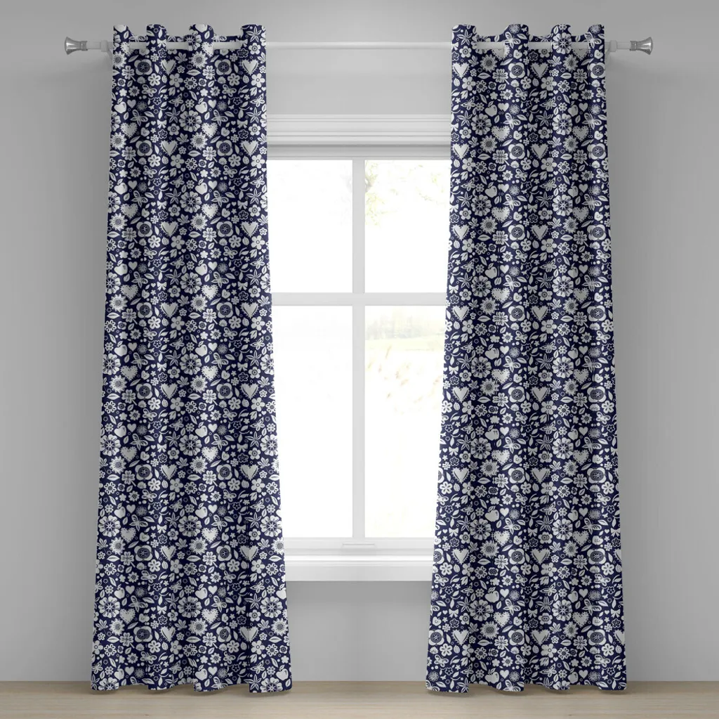 ABAKUHAUS Tenda con occhielli blu navy, motivo multiplo con cuori, farfalle, foglie e pois, tende decorative a 2 pannelli, 280 cm x 225 cm, blu navy e bianco