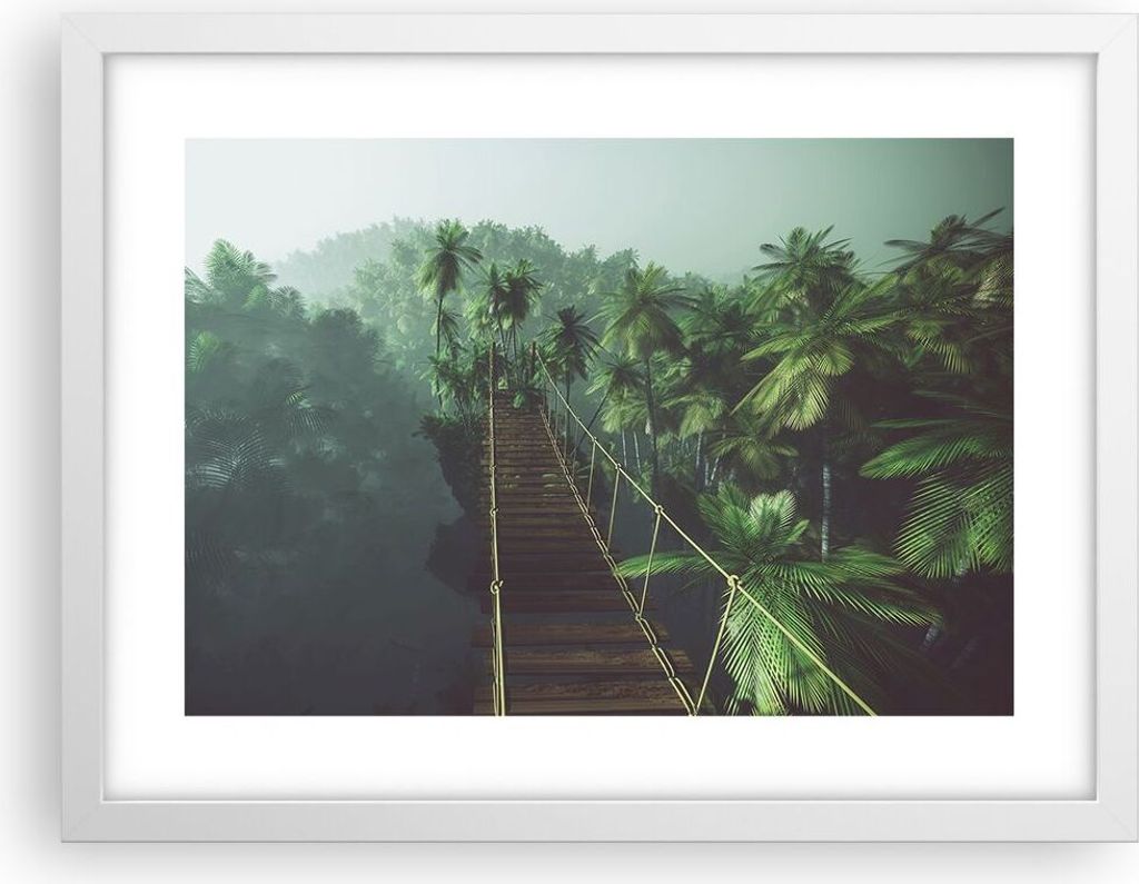 Gerahmtes Poster - Weißer Rahmen - Dschungel Palme Brücke - 40x30 cm - Wand Bild - Wanddeko - Wandbilder - Kunstposter - Wandposter - Bilderrahme...