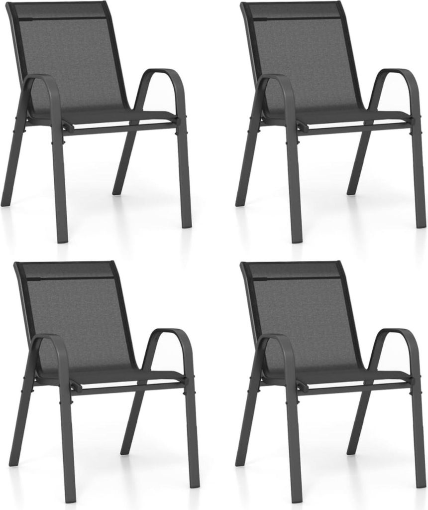 GOPLUS Gartenstühle 4er Set, Bistrostuhl stapelbar mit Rückenlehne Armlehne, Balkonstuhl aus Metall bis 150 kg belastbar, Schwarz