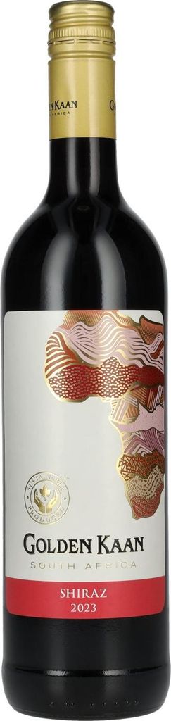 A bottle of Golden Kaan Shiraz wine against a white background.