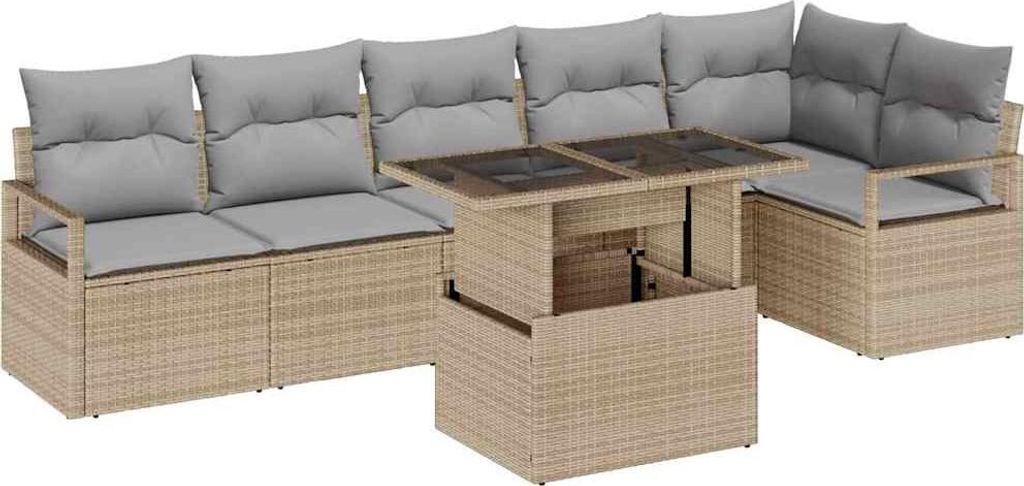 Garten-Sofa-Set mit Speicher 7 pcs Beige Poly Rattan