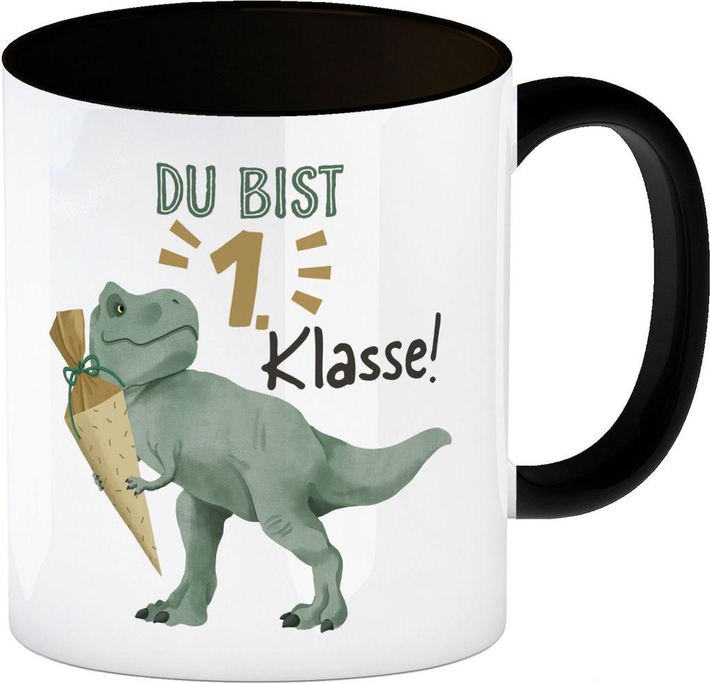 Dino mit Schultüte Kaffeebecher in schwarz mit Spruch Du bist 1. Klasse!
