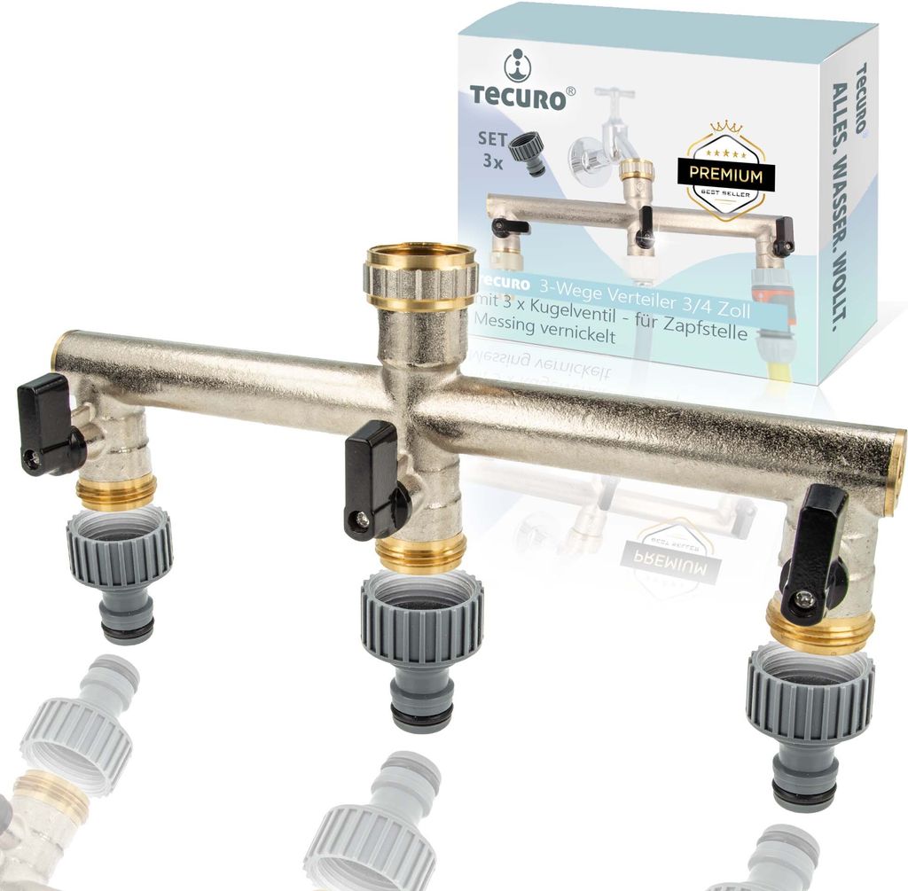 tecuro 3-Wege Verteiler 3/4 Zoll mit 3 x Kugelventil und Steckkupplungen, MS-vernickelt