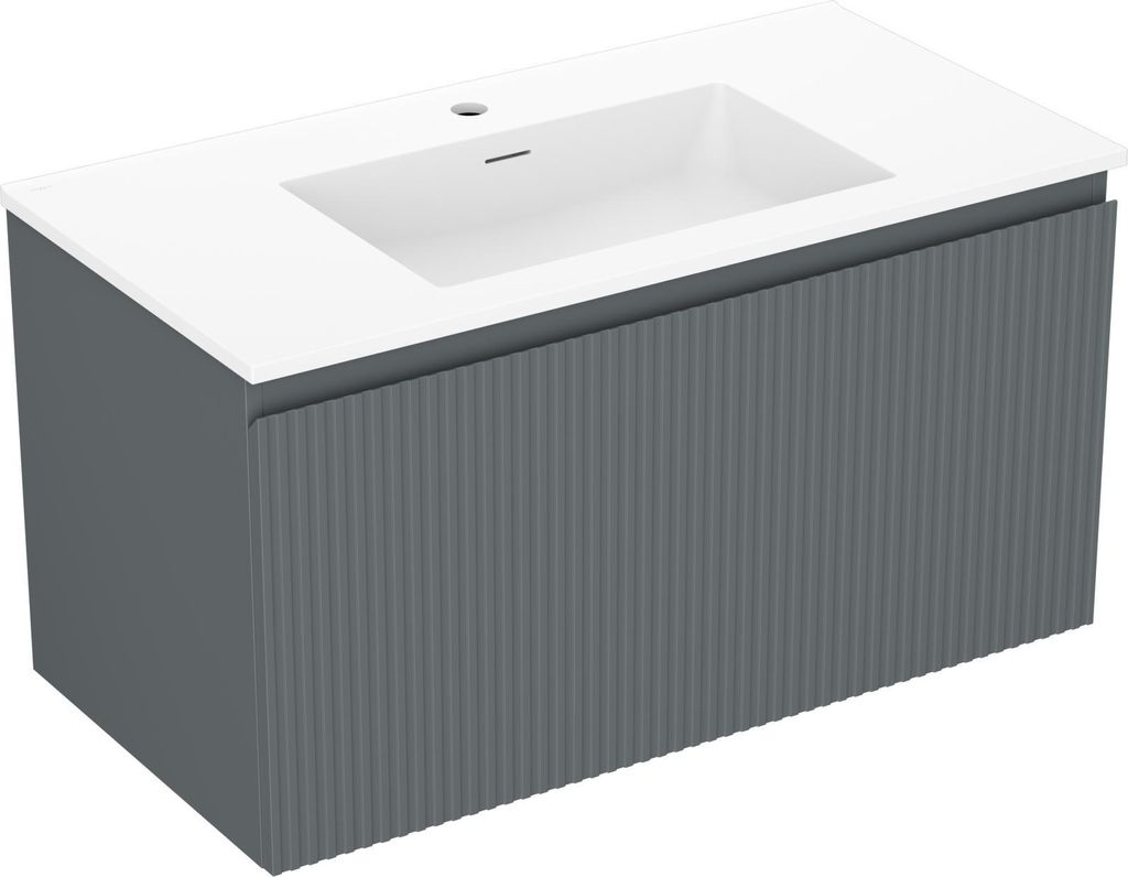 Mexen Rivel Badezimmerschrank 90 cm mit Waschbecken Otis, 1 Schublade, gerillt, graphit matt/weiß matt - 91A20-09047-1-BF66-W18?