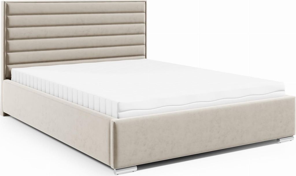 LIKMA Polsterbett Creme 140x200 cm mit Stauraum Verchromte Füße Doppelbett mit Kopfteil 11 cm Gepolsterter Stoffbett Ohne Matratze