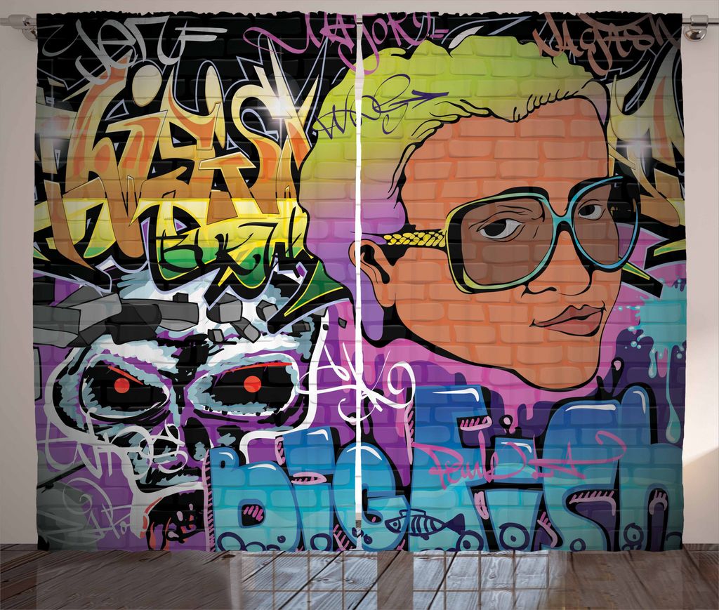ABAKUHAUS urban Graffiti Rustikaler Gardine, Hip Hop Entwurf, Schlafzimmer Kräuselband Vorhang mit Schlaufen und Haken, 280 x 175 cm, Mehrfarbig