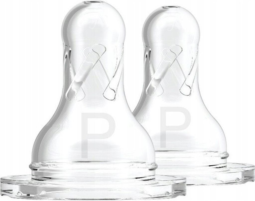 Two clear baby bottle nipples are shown against a white background.
