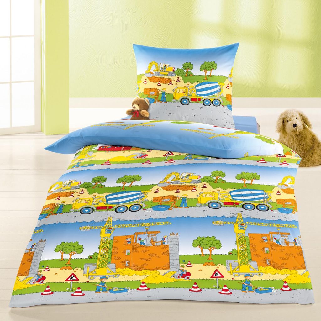 Bierbaum Kinder Biber Bettwäsche 2 tlg. 135x200cm Dinosaurier Pferde Astronaut Bauernhof Einhorn Fußball Baustelle, Farbe:Baustelle
